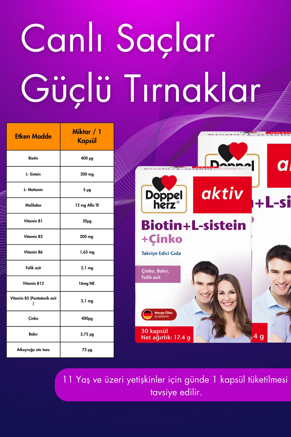 Doppelherz Biotin + L-Sistein + Çinko 30 Kapsül