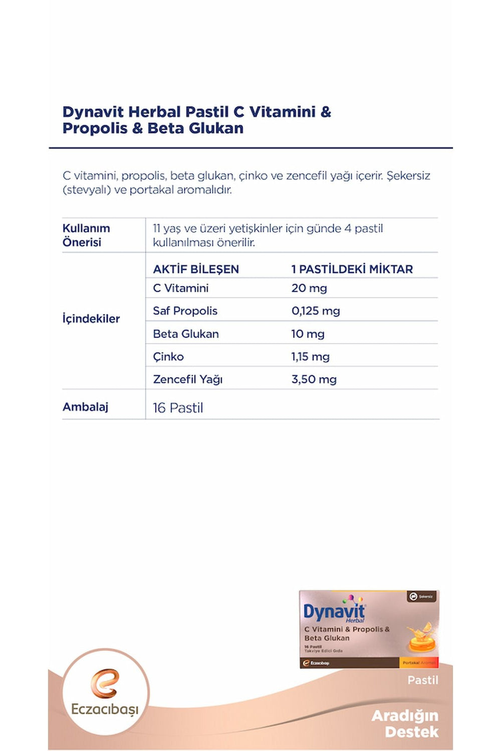 Dynavit Herbal C Vitamini & Propolis & Beta Glukan 16 Pastil