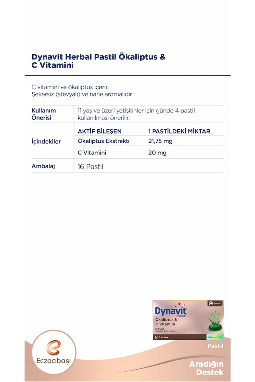 Dynavit Herbal Ökaliptus & C Vitamini 16 Pastil