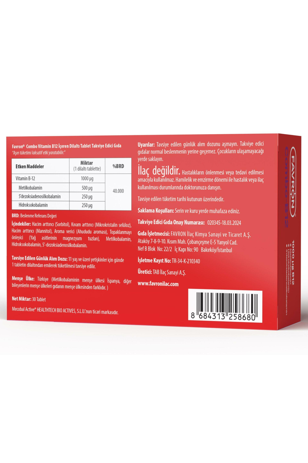 Favron Combo Vitamin B12 30 Dilaltı Tablet