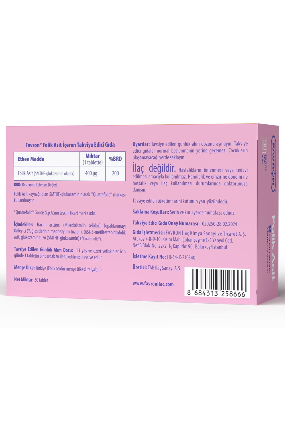 Favron Folik Asit 400 mcg 30 Tablet
