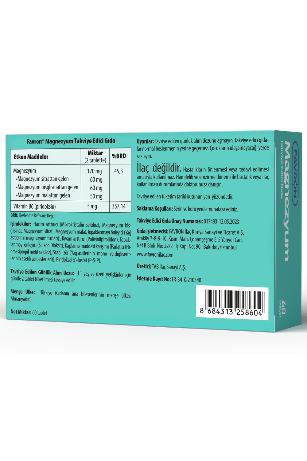 Favron Magnezyum 170 mg 60 Tablet