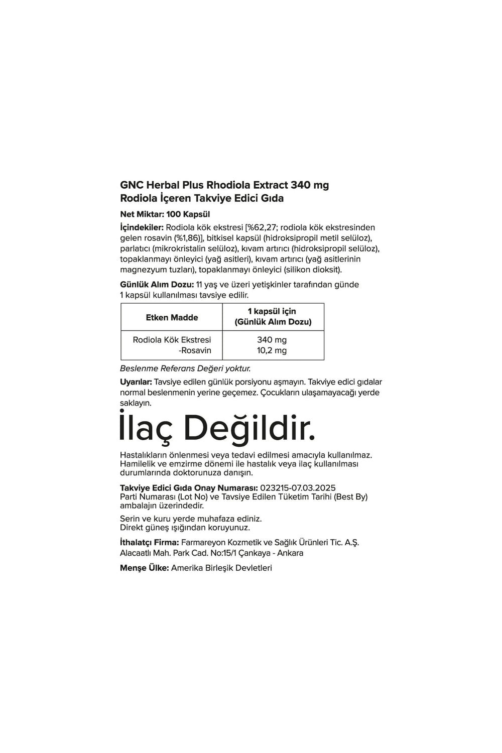 GNC Herbal Plus Rhodiola Extract 340 mg 100 Kapsül