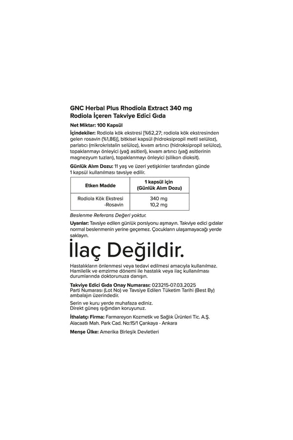 GNC Herbal Plus Rhodiola Extract 340 mg 100 Kapsül