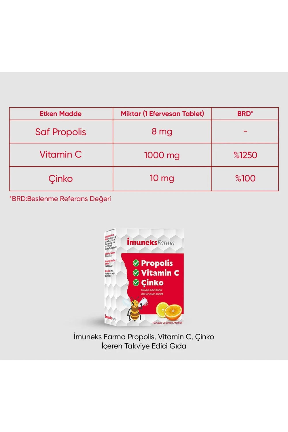 İmuneks Propolis + Vitamin C + Çinko 20 Efervesan Tablet
