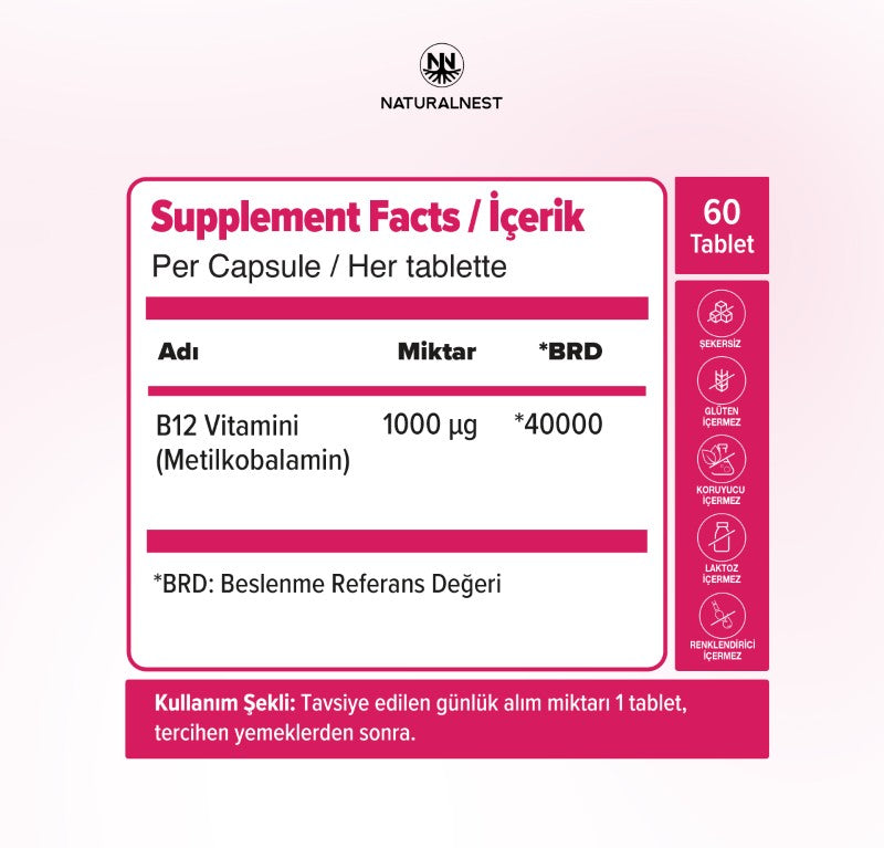 Naturalnest Vitamin B12 1000 mcg 60 Dilaltı Tablet