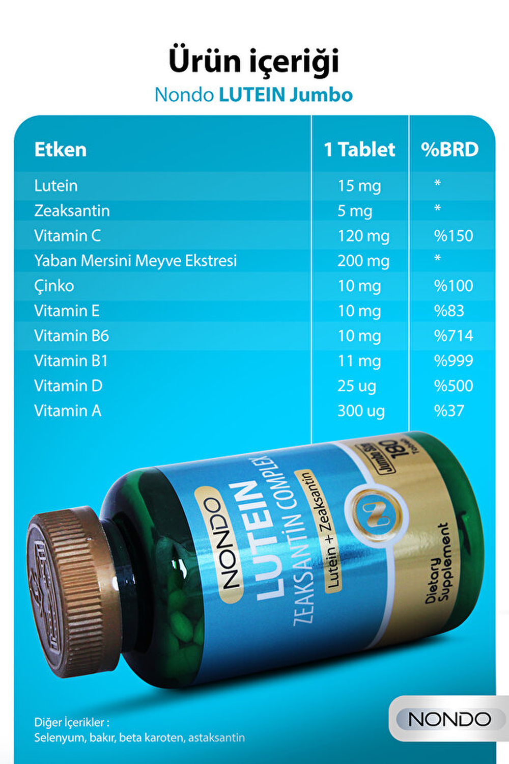 Nondo Lutein Zeaksantin Complex Jumbo Size 180 Tablet