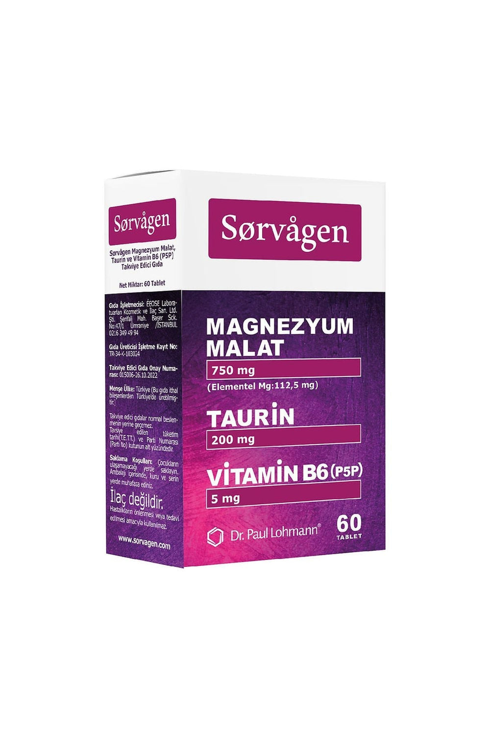 Sorvagen Magnezyum Malat, Taurin ve Vitamin B6 (P5P) 60 Tablet