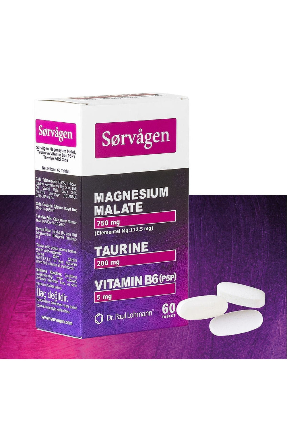 Sorvagen Magnezyum Malat, Taurin ve Vitamin B6 (P5P) 60 Tablet