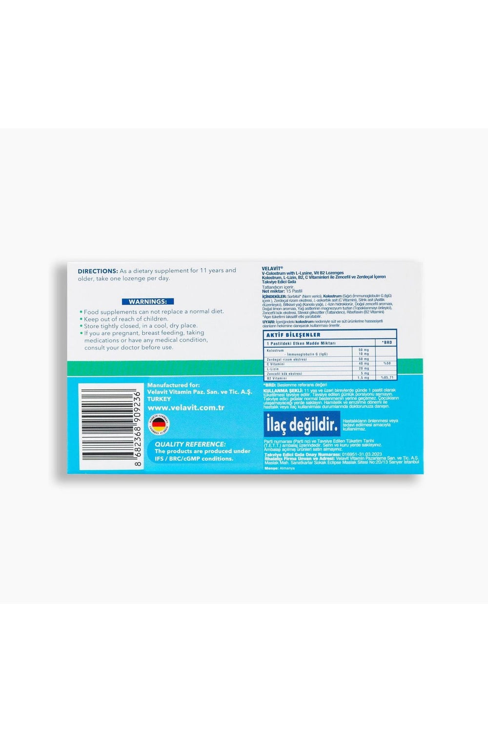 Velavit V-Colostrum with L-Lysine, Vit B2 Lozenges 15 Pastil