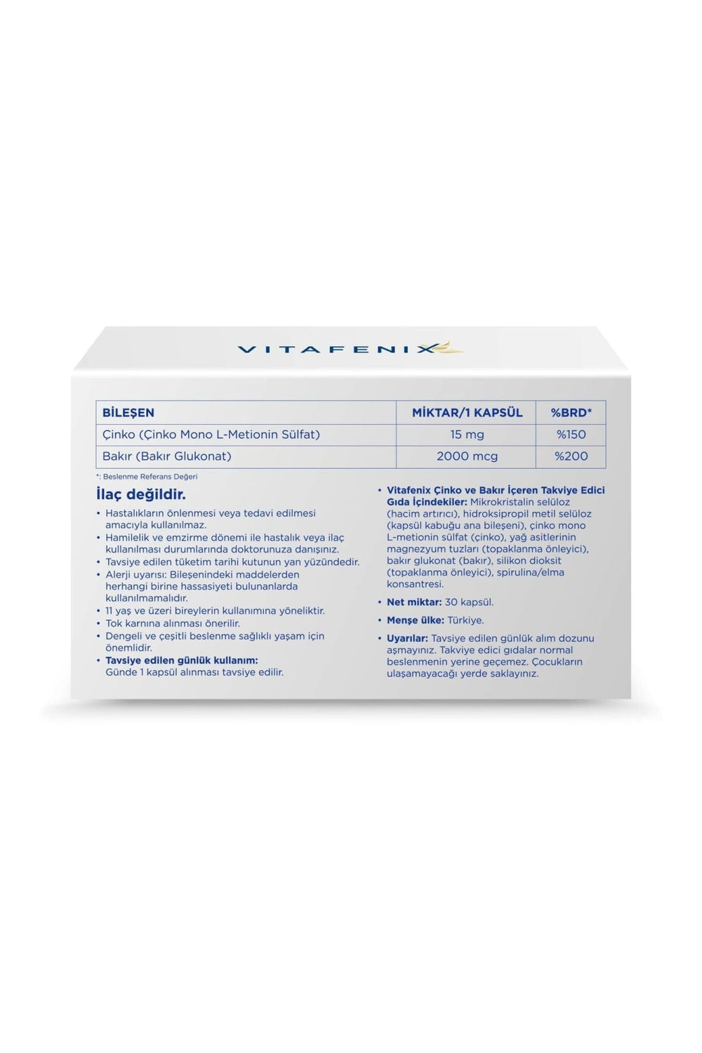 Vitafenix Çinko ve Bakır 30 Kapsül