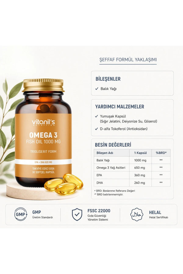 Vitanil's Omega 3 Fish Oil 1000 mg 30 Soft Jel