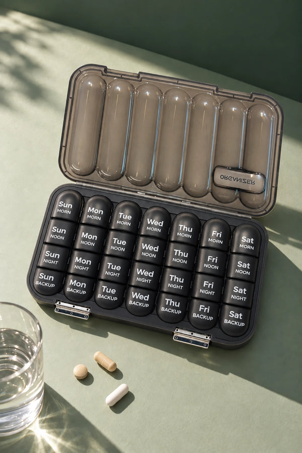 28 Bölmeli Organizer Haftalık Vitamin ve Takviye Saklama Kutusu Füme